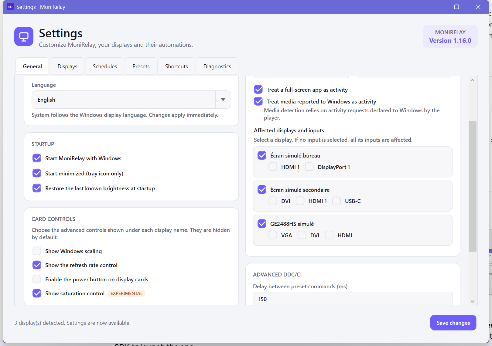 MoniTweak Settings window, General tab, showing appearance, startup and idle options